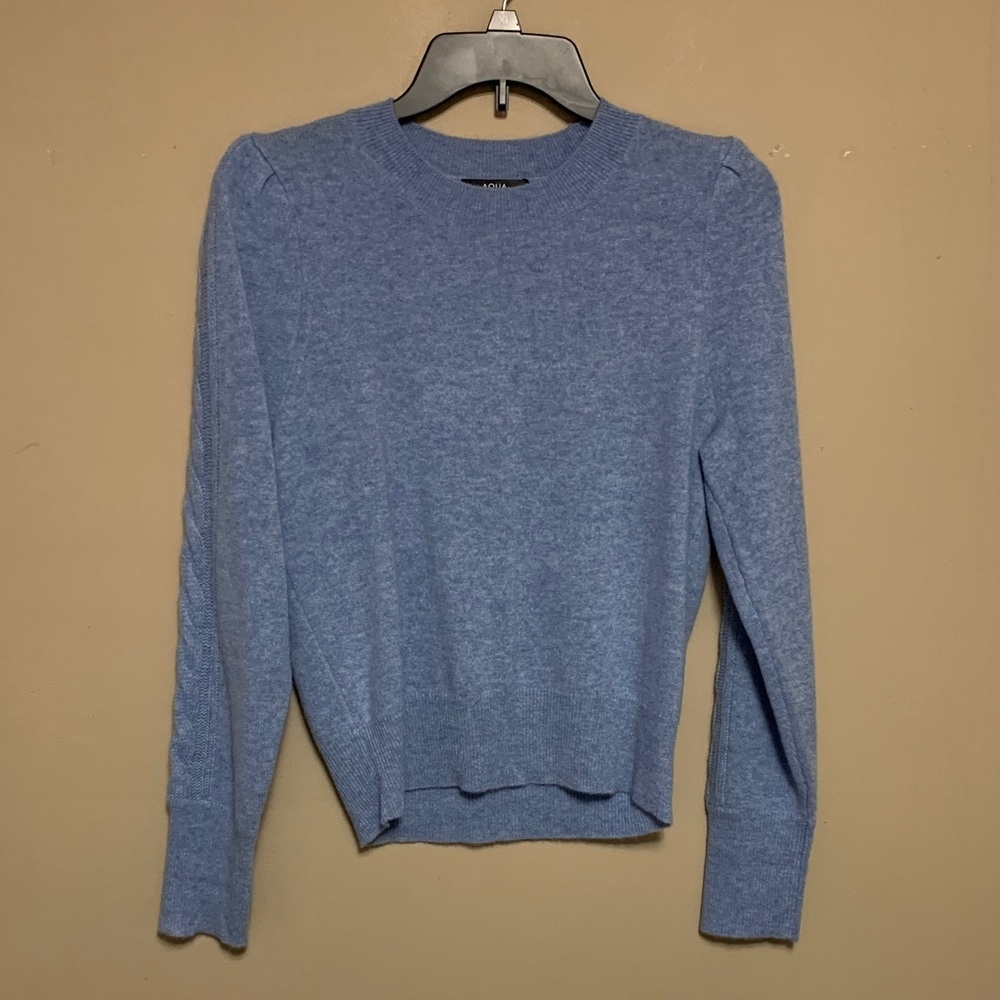 Aqua Women’s Light Blue Medium Puff Cable Long Sleeve Cashmere Crew Neck Sweater